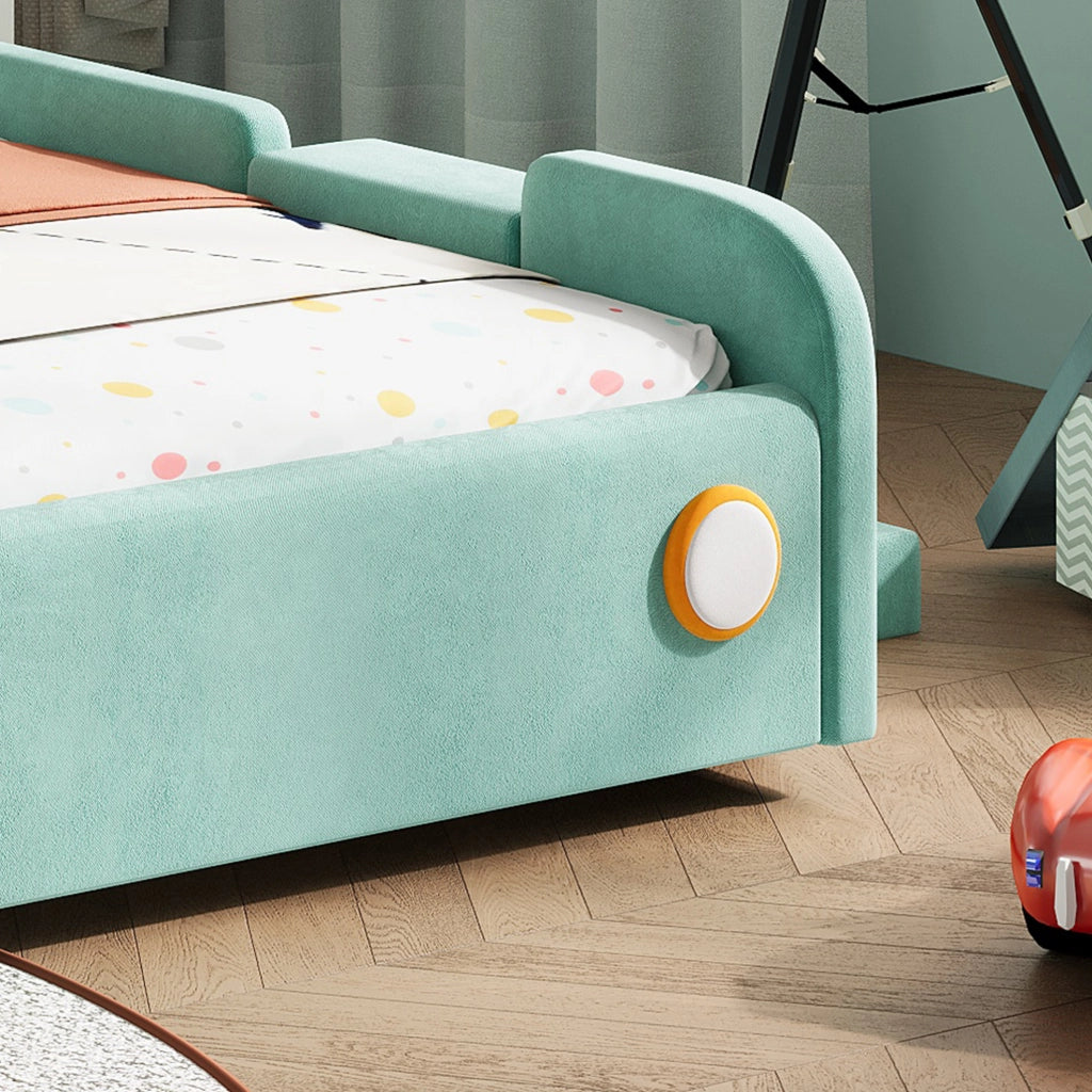 Letto per bambini a forma di auto con scivolo e scala, Blu-verde, 140x200 cm