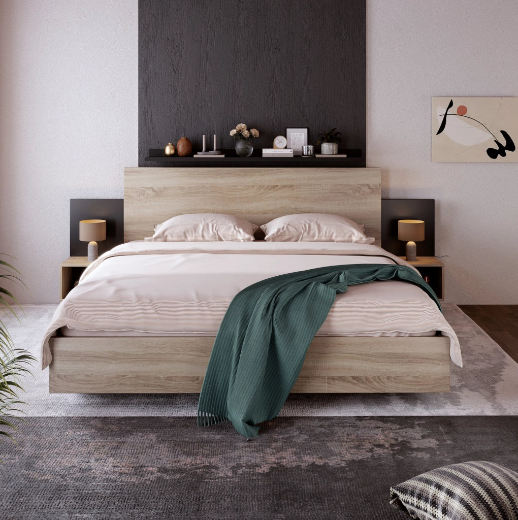 Letto matrimoniale 160x200 cm con 2 comodini; legno; Sonoma e grigio scuro