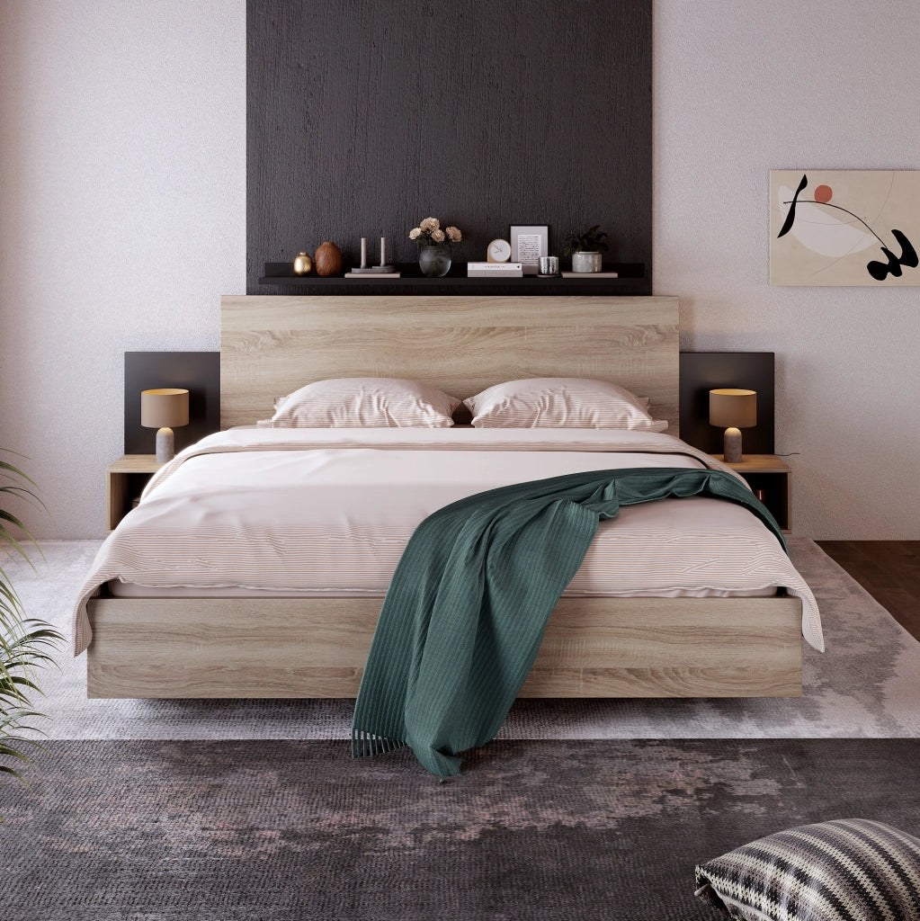 Letto matrimoniale 160x200 cm con 2 comodini; legno; Sonoma e grigio scuro