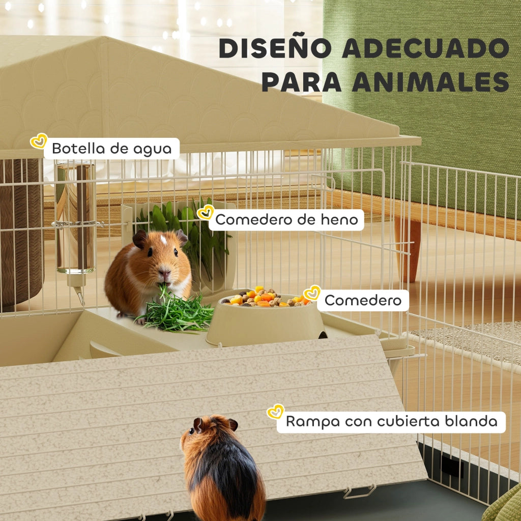Gabbia per Piccoli Animali ¨C Xylo ¨C con Recinto Ciotola Beverino Distributore Fieno 108x71x57 cm Beige