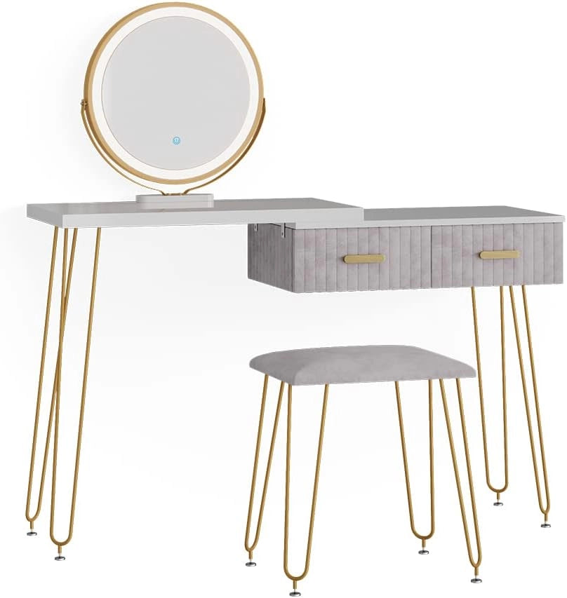 Tavolo da toeletta Zoey, Grigio, 120 cm con illuminazione LED e sgabello, con illuminazione LED e sgabello imbottito