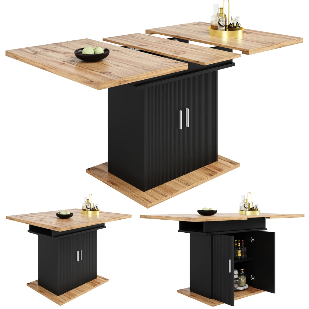 Tavolo da pranzo allungabile con vano contenitore, ripiani regolabili e anta ondulata, per cucina e soggiorno, in MDF nero