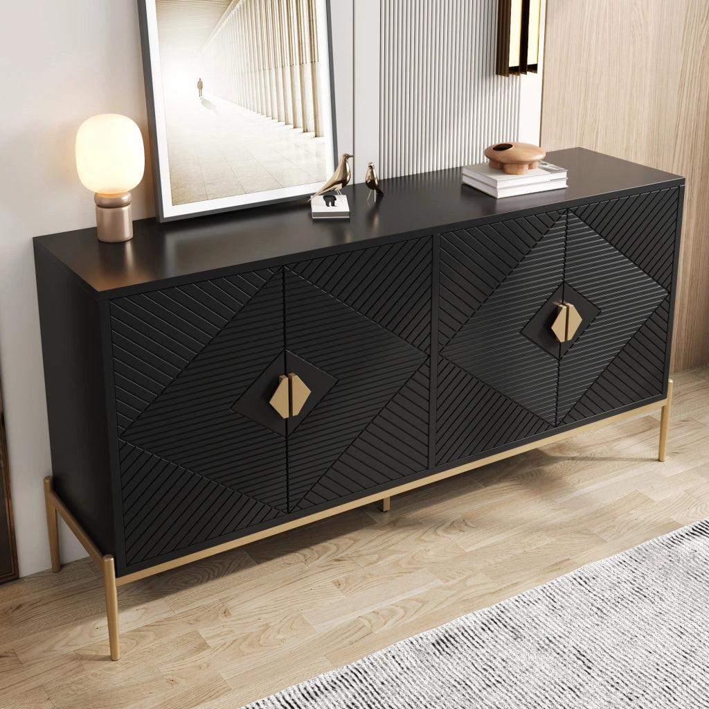 Credenza 4 ante 162x40x80 cm in MDF e truciolare con gambe in metallo; nera