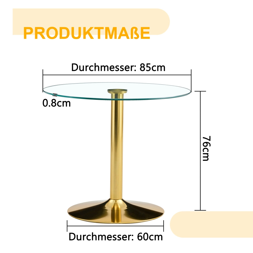 Tavolo da bar in vetro temperato e metallo con base rotonda dorata, per soggiorno e caffè, 85 × 76 cm