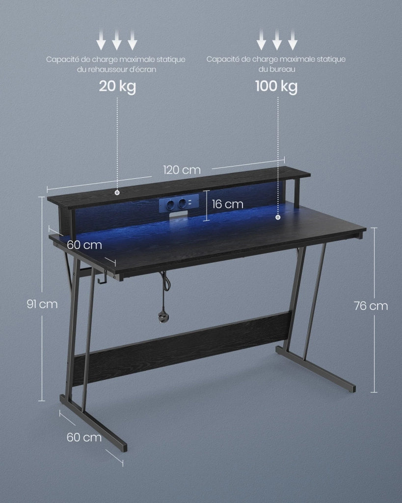 Scrivania da gioco con illuminazione a LED e multipresa scrivania per computer con supporto per monitor per 2 computer per camera da letto 12_0004633
