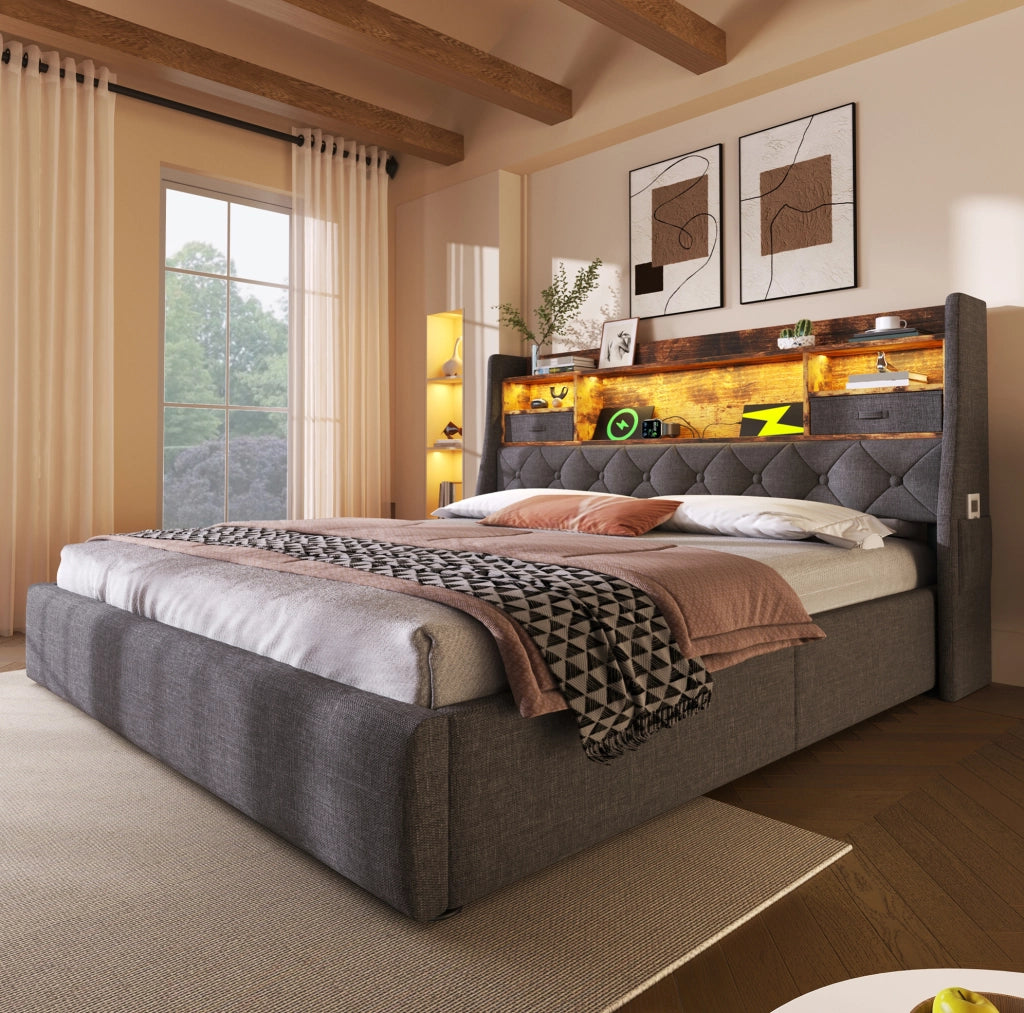 Letto matrimoniale contenitore 160 × 200 cm con LED; USB e Type-C; lino grigio