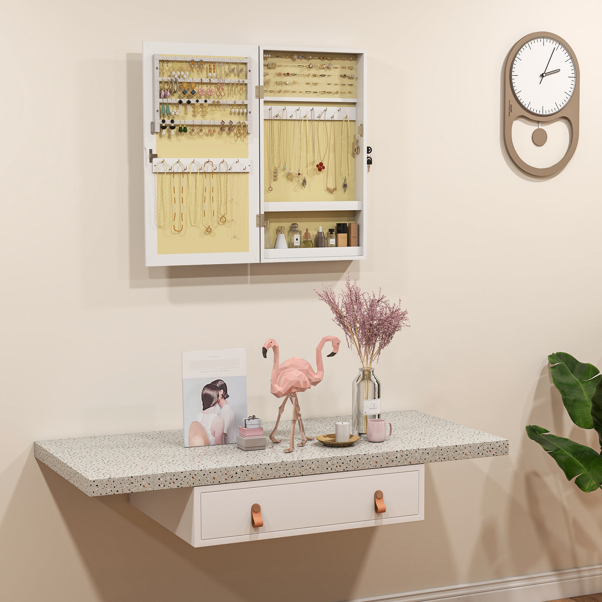 Specchio Portagioie 36,5x9,5x67 cm Armadietto con 2 Chiavi in Legno Bianco