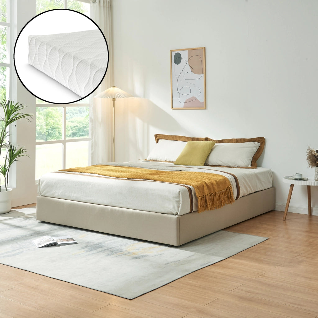 Letto Matrimoniale Contenitore Nola 160x200 cm con Materasso Apertura a Ribalta Rivestito in Tessuto Lino - Beige [en.casa]