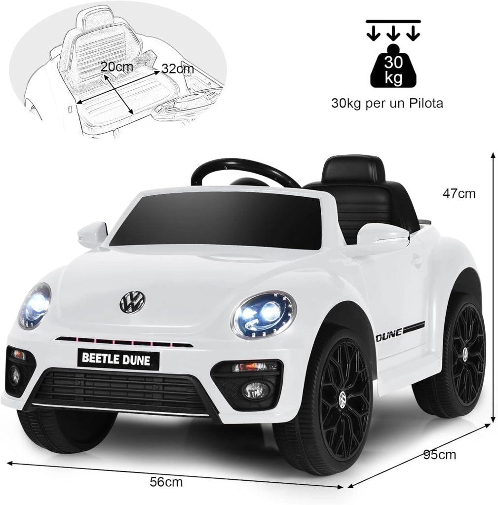 12V Volkswagen Macchina Elettrica per Bambini, Auto Elettrica con Telecomando Luci Musica Doppia Porta, 5km/h Carico 30kg, per Bambini 3-8 Anni (Bianco)