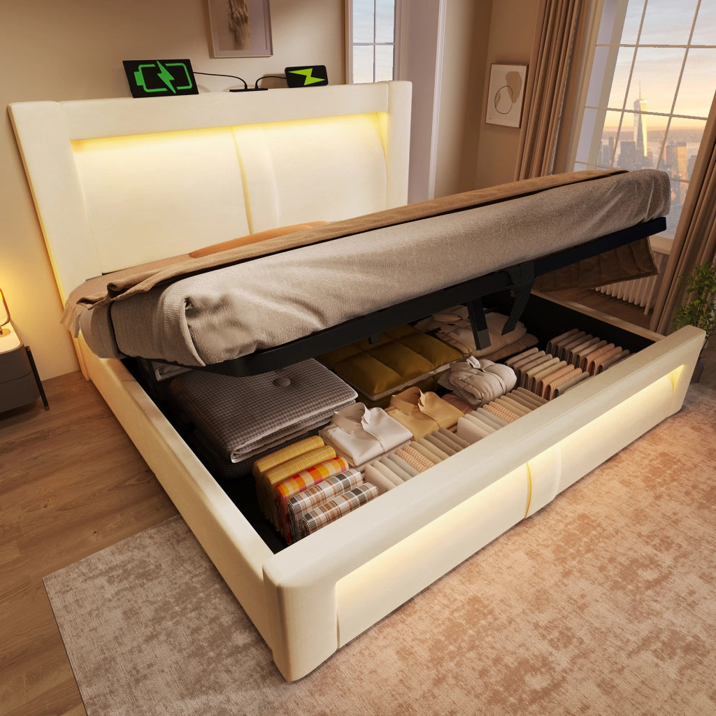 Letti contenitori 160x200 cm con contenitore; LED e ricarica USB; velluto beige (Senza materasso)