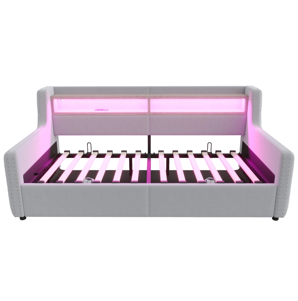Divano letto imbottito 90 x 200 cm con vano contenitore e illuminazione LED
