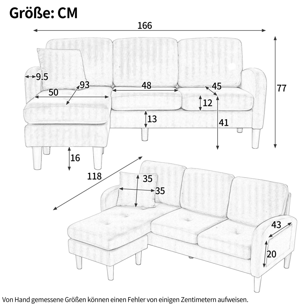 Divano angolare modulare 166x118x77 cm con chaise longue reversibile; schiuma; beige chiaro