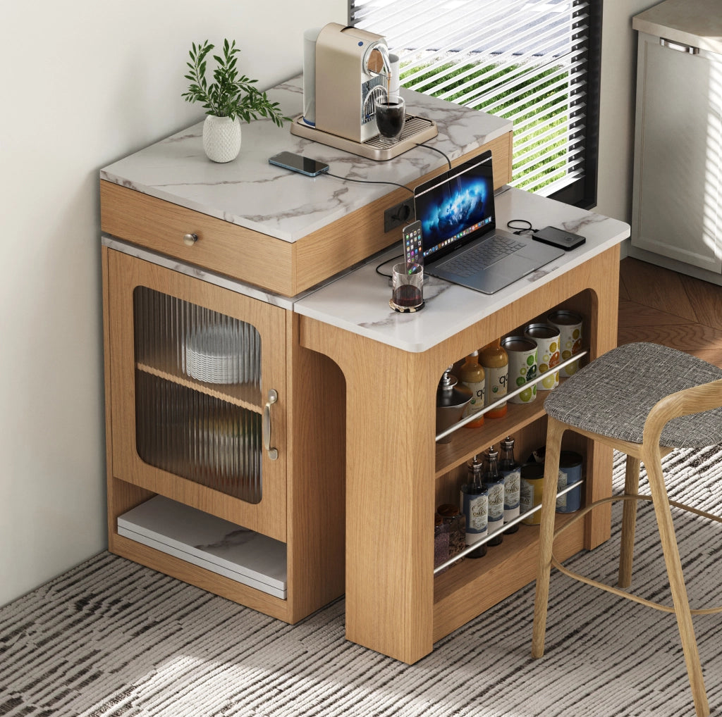 Isola cucina mobile con tavolo estensibile e prese, naturale