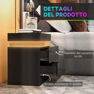 Comodino 45x35x52 cm Illuminazione LED a 16 Colori e 4 Modalità con 2 Cassetti in Legno Nero