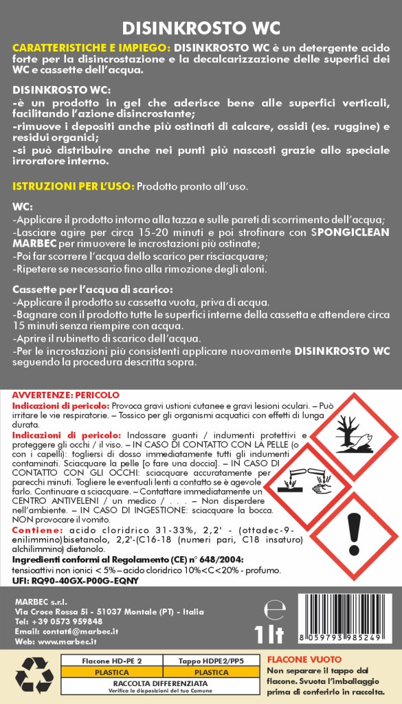 Detergente Acido in Gel per la Pulizia Disincrostante dei Water | DISINKROSTO WC 1LT
