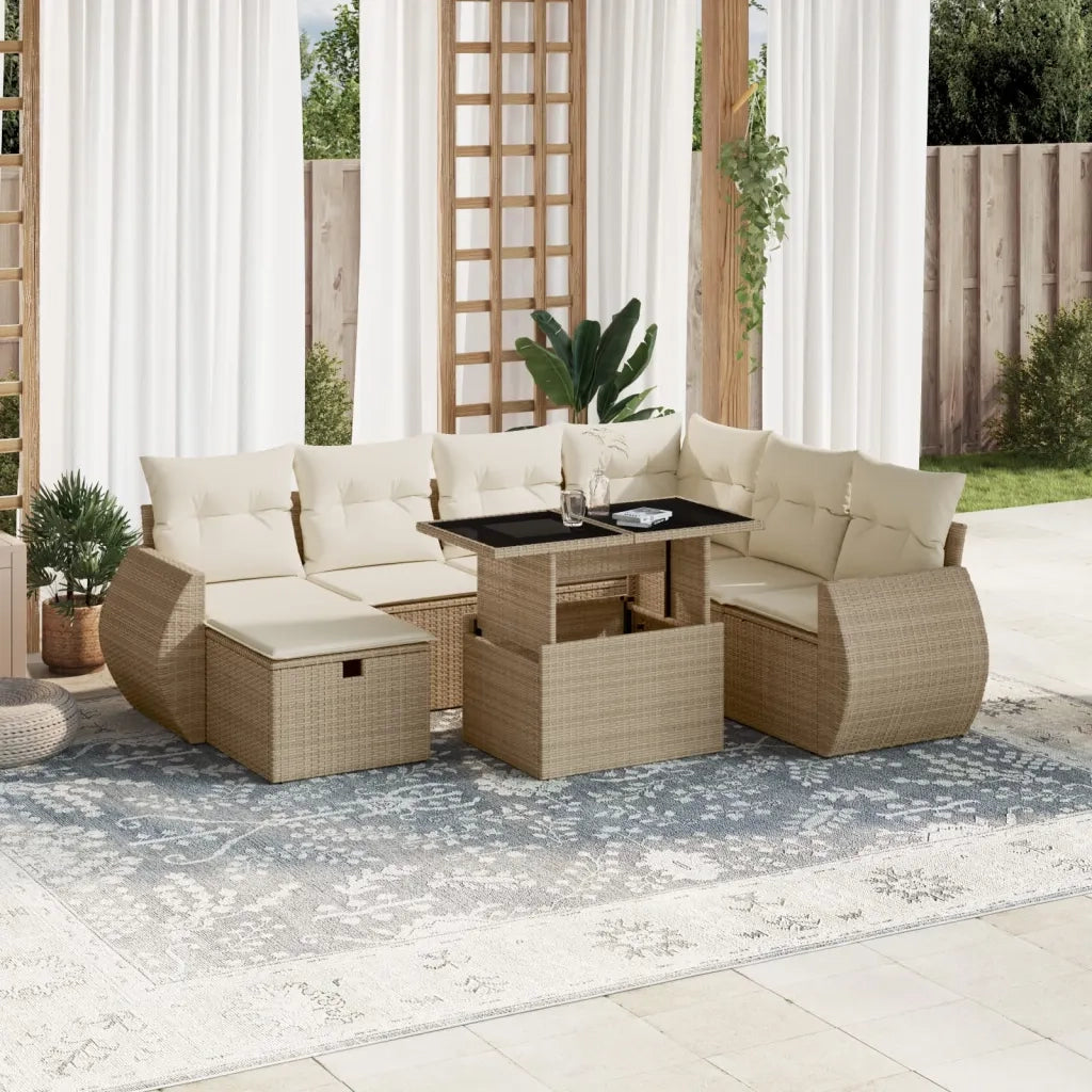 Set Divano da Giardino 8 pz con Cuscini Beige in Polyrattan