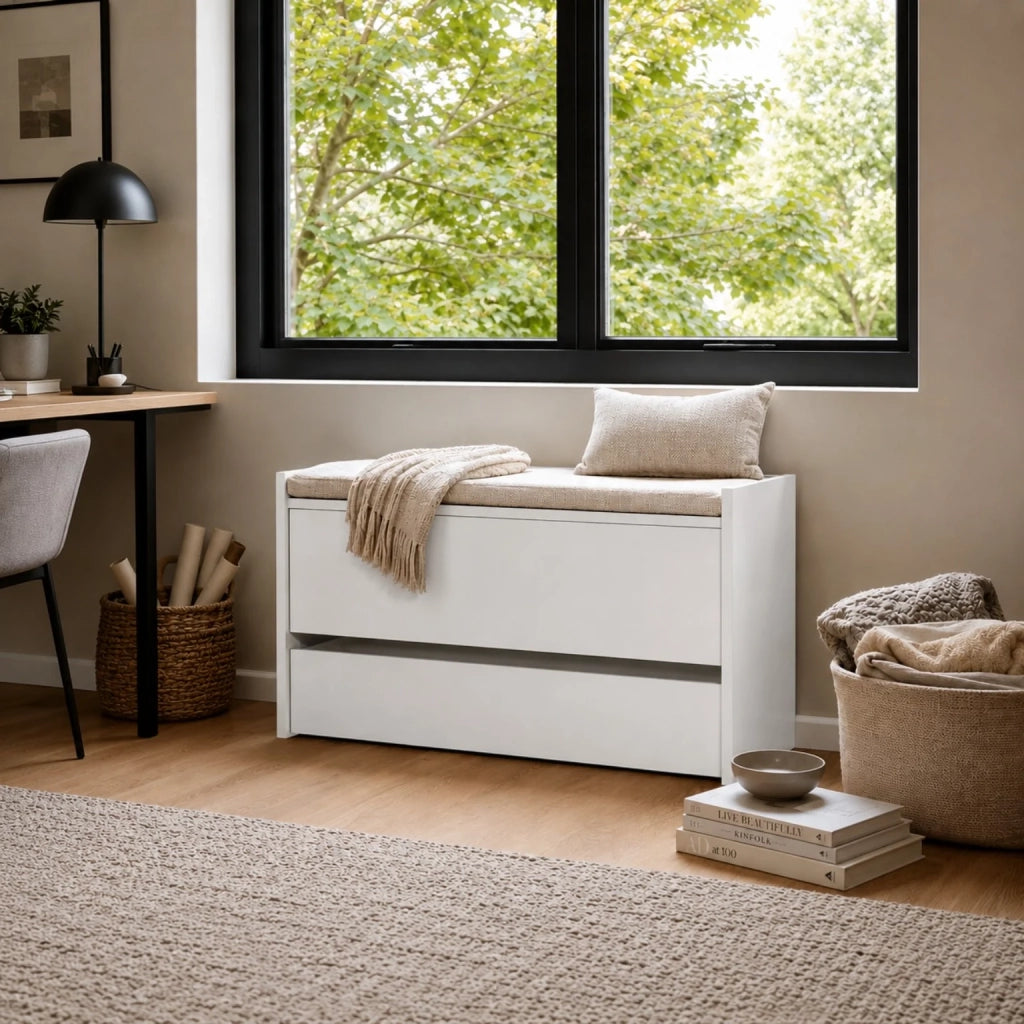 Cassapanca Contenitore Bianca con Cassetto Inferiore e Vano Interno | Panca Ingresso Salvaspazio con Chiusura Soft Close | Baule Multiuso 90x40x46 cm
