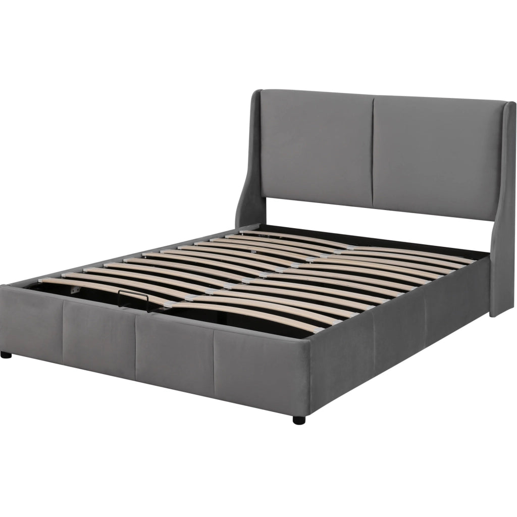 Letto imbottito con contenitore e rete a doghe 140x200 cm in velluto grigio