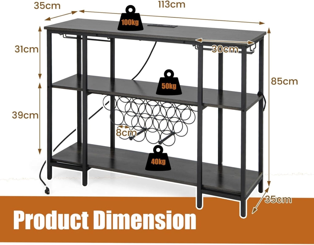 Scaffale per vino con prese per 15 bottiglie e portabottiglie, autoportante, multiuso, per cucina, bar, 113 x 35 x 85 cm (grigio), SE00031MN-LODE