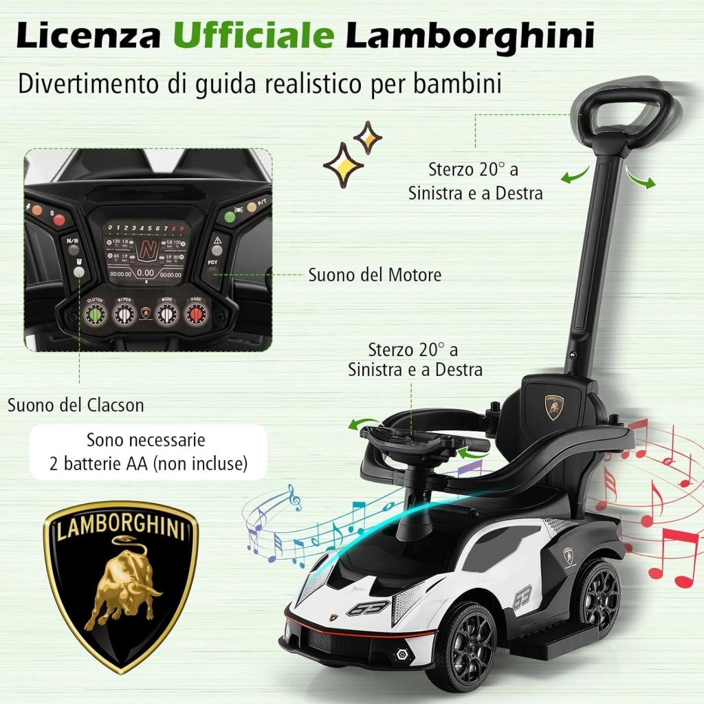 3 in 1 Lamborghini Auto a Spinta per Bambini, Macchina Cavalcabile con Impugnatura e Scatola di Stoccaggio, Ideale per Bambini 12-36 Mesi (Bianco)