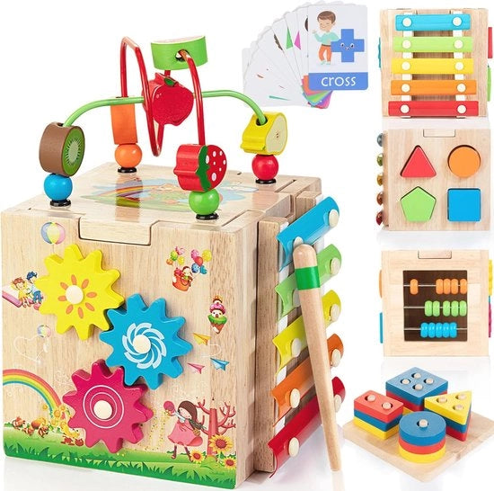 Cubo di Attività Educativo per Bambini di 8 in 1 - Giocattolo in Legno per lo Sviluppo Motorio - Regalo Ideale per il 1° Anniversario - Sicuro e Sostenibile