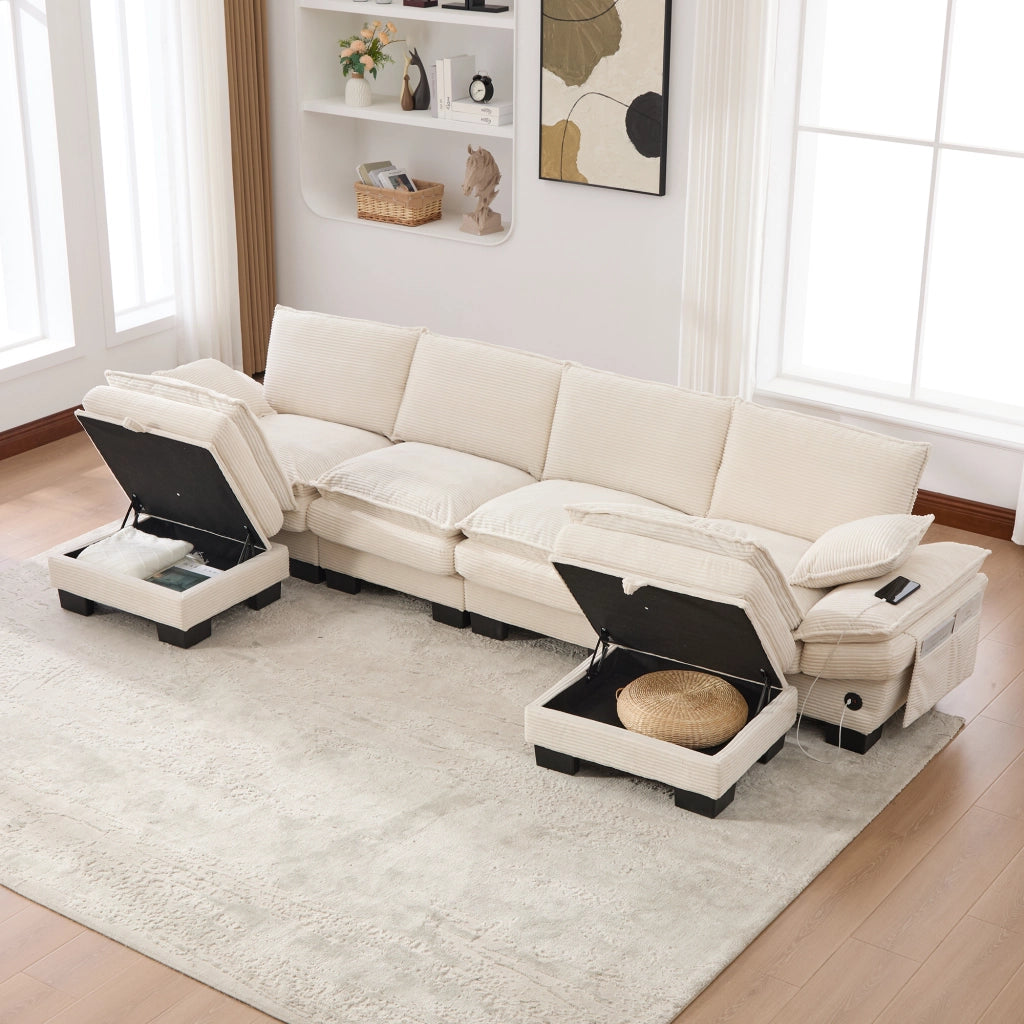 Divano modulare 4 posti in velluto a coste con USB-C, tasche laterali e 2 pouf, beige 330 × 132 × 84 cm