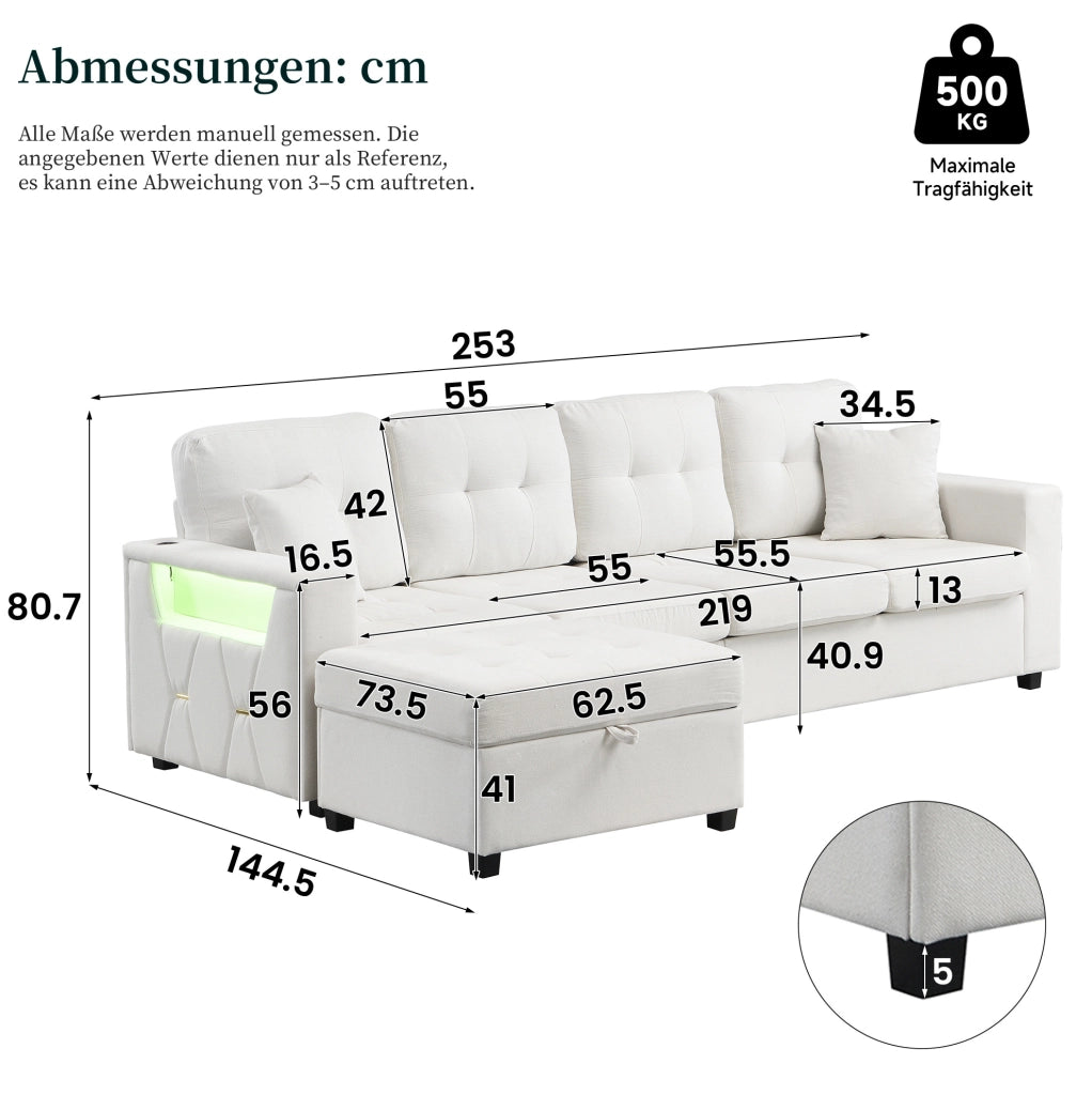 Divano modulare 4 posti beige con pouf contenitore, LED e USB-C
