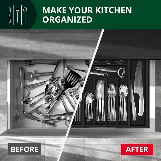 Organizzatore di Cassetta di Cucina in Bambù - Supporto per Argenteria e Cucina - Con Divisori a Rilievo per Cucina e Accessori - Nero