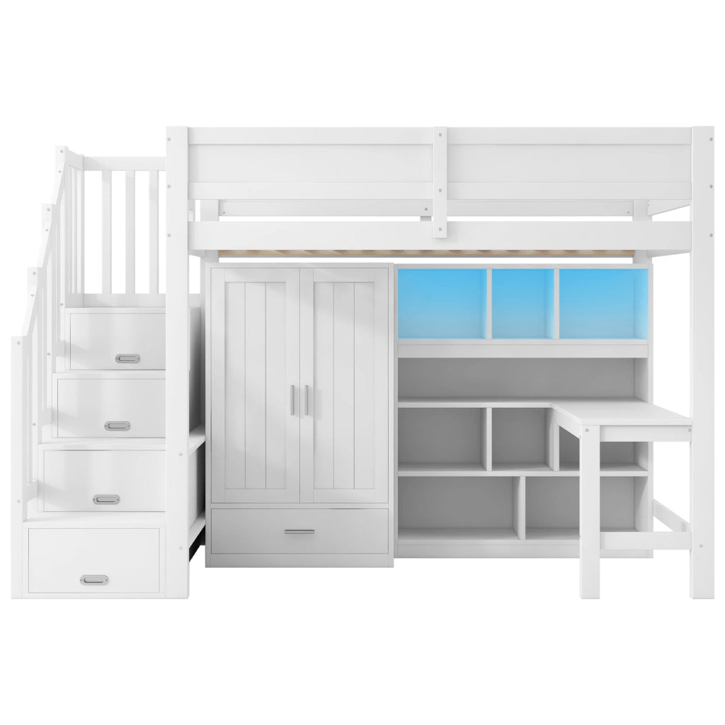 Letto a soppalco 90x200 cm con scrivania, libreria, armadio, scala contenitore e luci LED, bianco