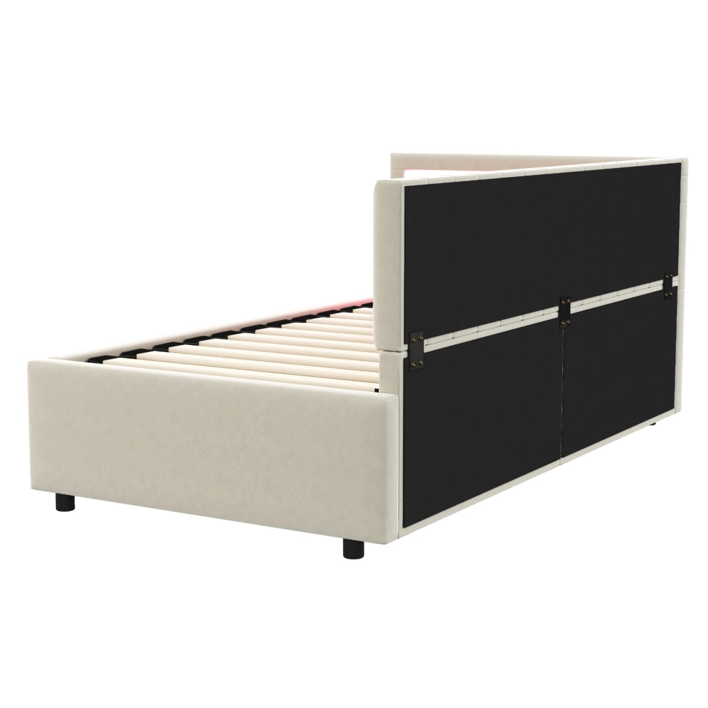 Divano Letto Imbottito 90x200 con LED e Contenitore Idraulico in Velluto Beige