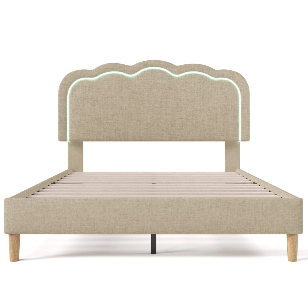 Letto Imbottito LED Matrimoniale con Testiera Regolabile ¨C MINIMAL ¨C Beige, Tessuto Lino, 140x200