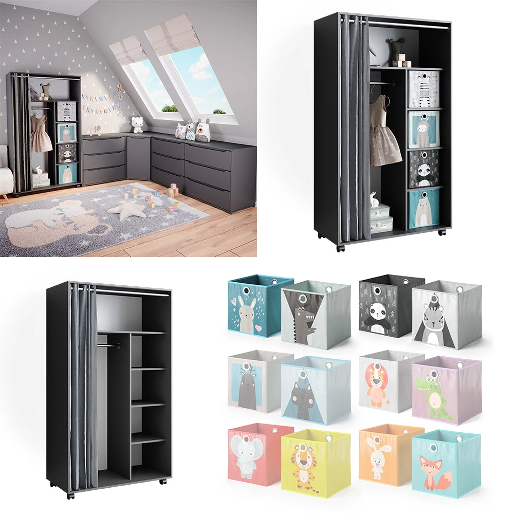 Vicco Armadio multifunzione Grigio 100 x 168 cm aperto, con rotelle
