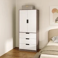 Armadio 2 Porte, Armadio Moderno Con 3 Cassetti E Asta Per Camera Matrimoniale, Marrone