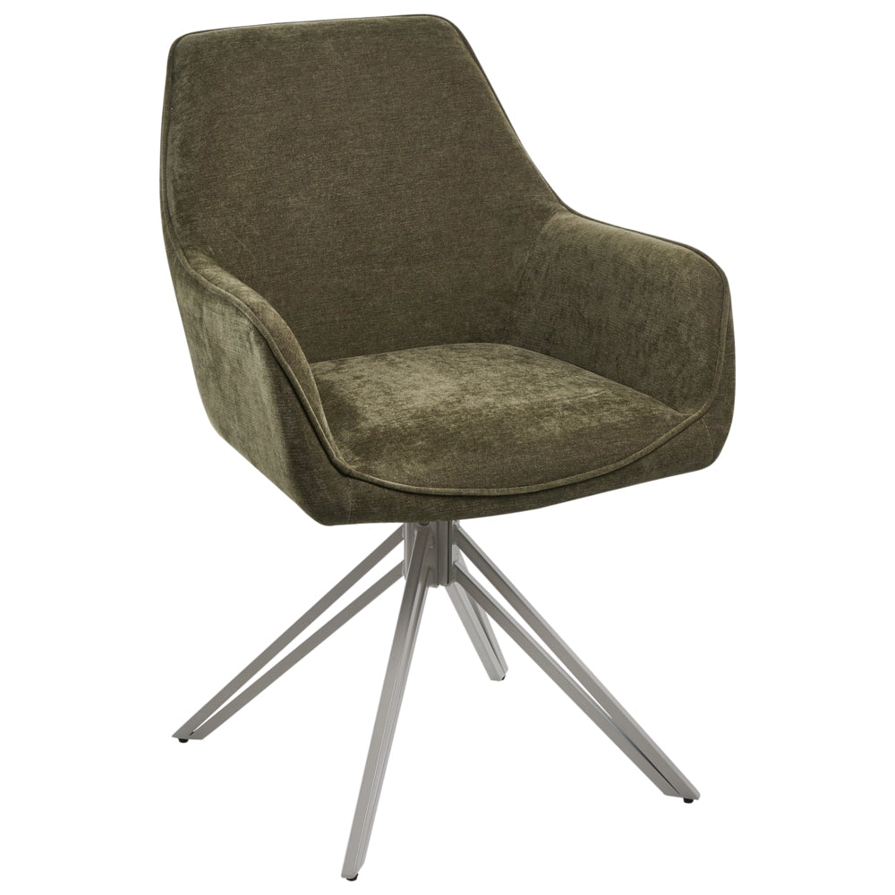 Set di 2 sedie da pranzo girevoli in tessuto verde scuro con braccioli e schienale, gambe in metallo beige, stile retrò-contemporaneo