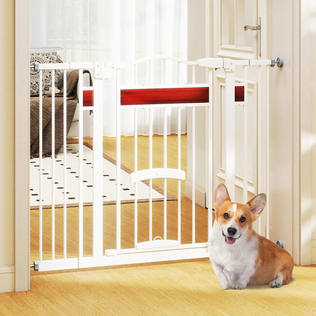 Cancello per Cani per Aperture da 74 a 104 cm, Recinto Espandibile con 2 Prolunghe, Installazione Senza Fori con Supporti, Doppia Chiusura, Cancello Metallico per Scala e Ingresso (Bianco)