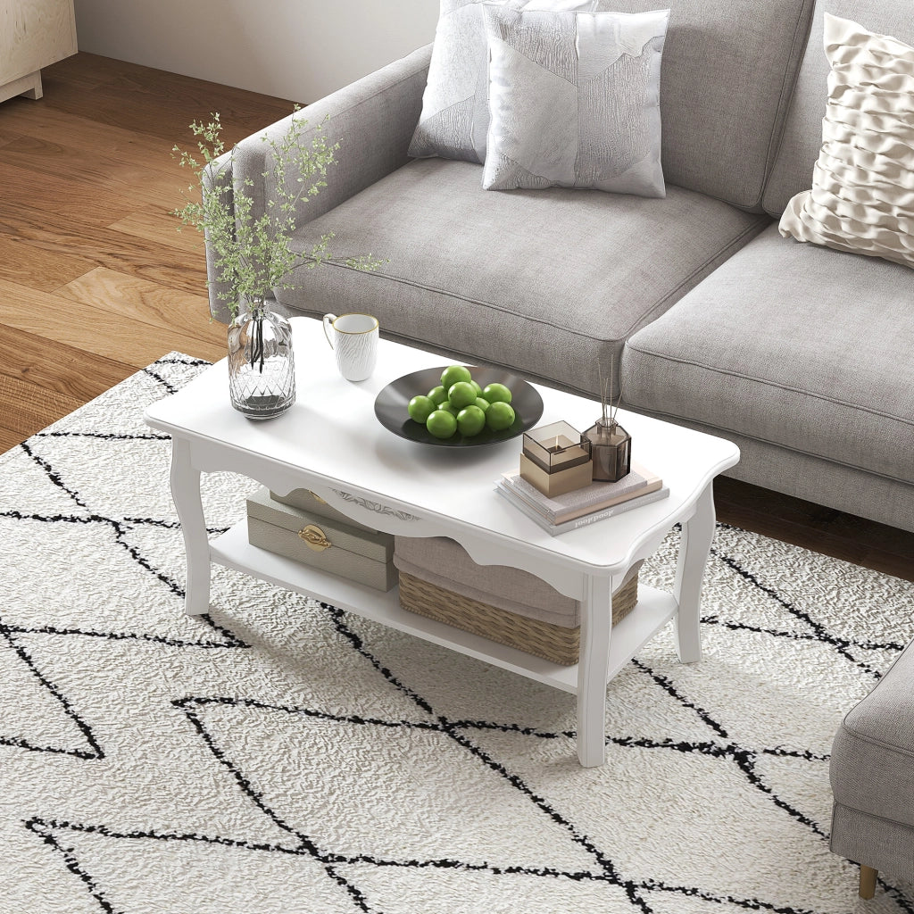 Tavolino da Salotto con Ampio Ripiano Portaoggetti Inferiore in Legno. 94x44x43cm. Bianco