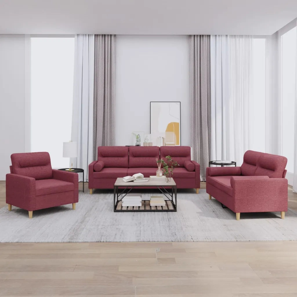 Set di Divani 3 pz con Cuscini Rosso Vino in Tessuto 3201558