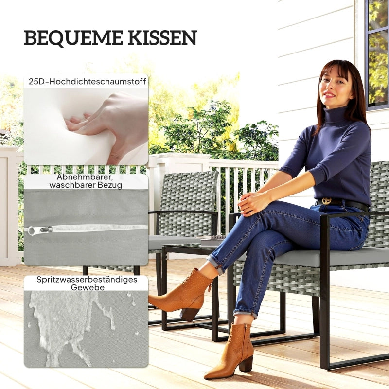 Set da bistrot in rattan, set di mobili da giardino composto da 3 pezzi con 2 sedie da giardino, tavolino, cuscini sfoderabili, grigio chiaro.