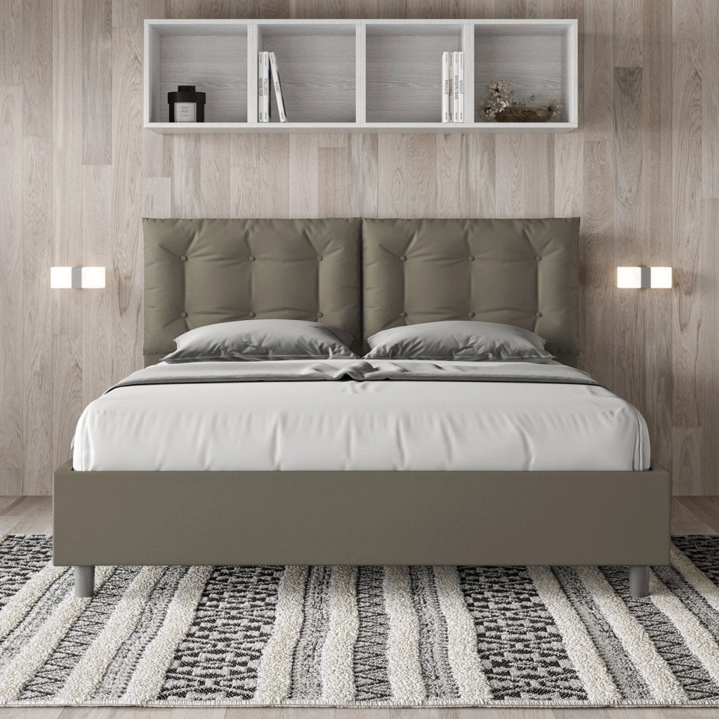 Letto Matrimoniale 160x190 cm con Rete e Contenitore con Alzata Comoda Imbottito in Similpelle Annalisa Cappuccino