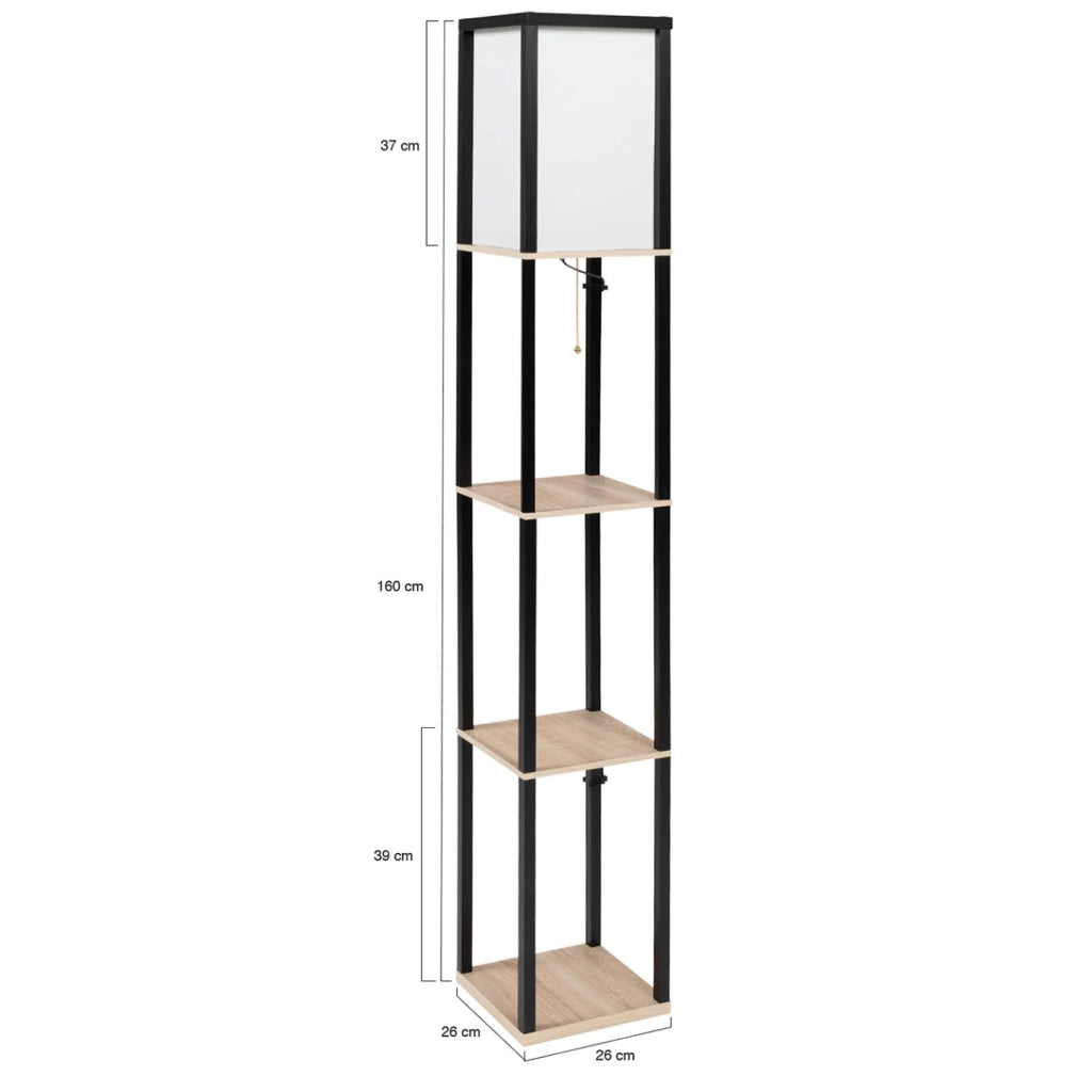 IDMarket - Lámpara de pie industrial de madera negra con estantes de madera clara y pantalla cuadrada blanca