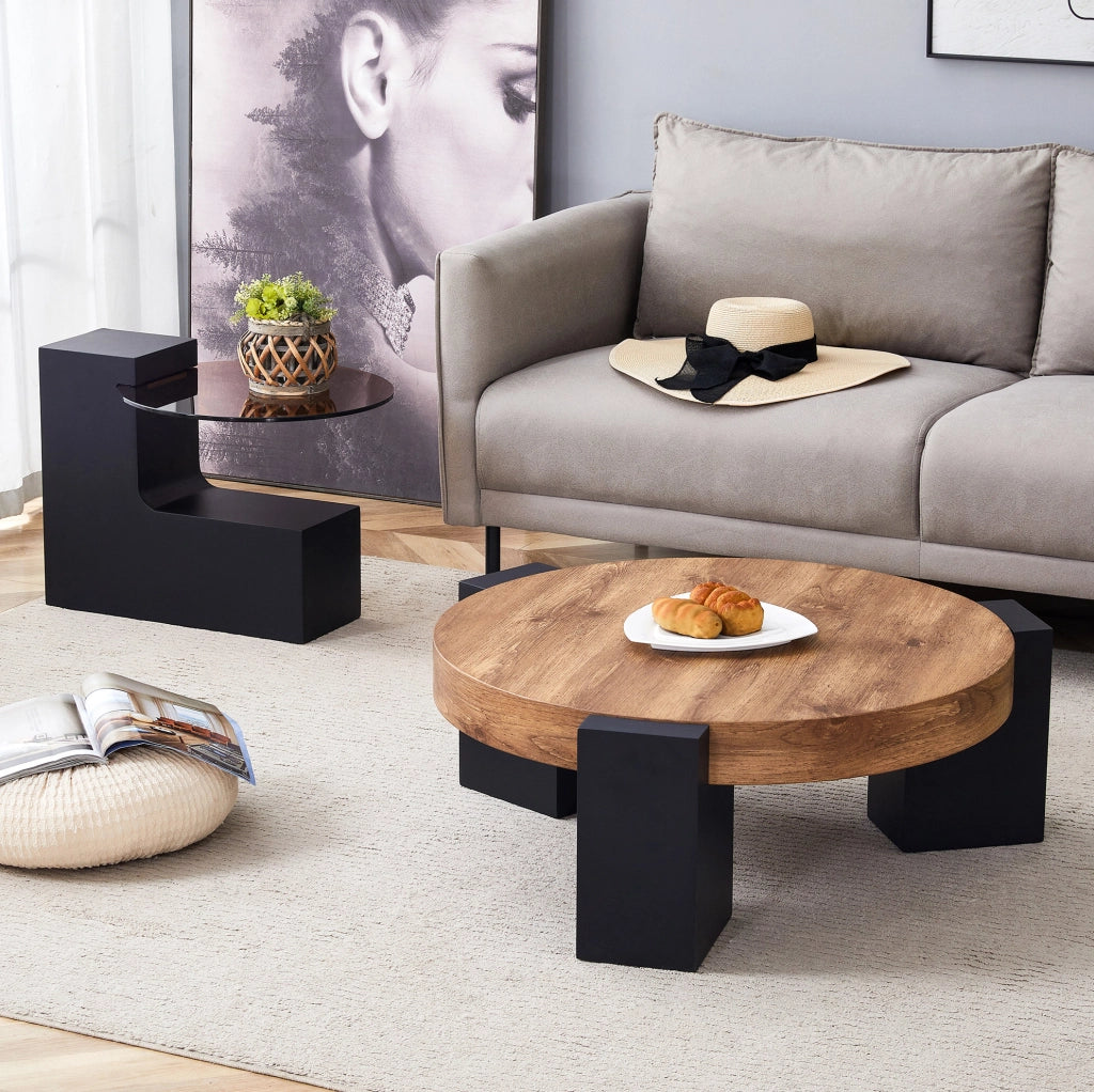 Tavolino da caffè rotondo a due livelli in MDF e vetro; nero e effetto legno; set 61 cm e 44 cm