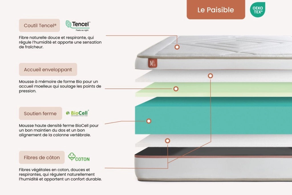 Pacchetto letto completo - Materasso 180x200cm + Box spring con doghe (kit) + 2 cuscini + Piumino - Le Paisible