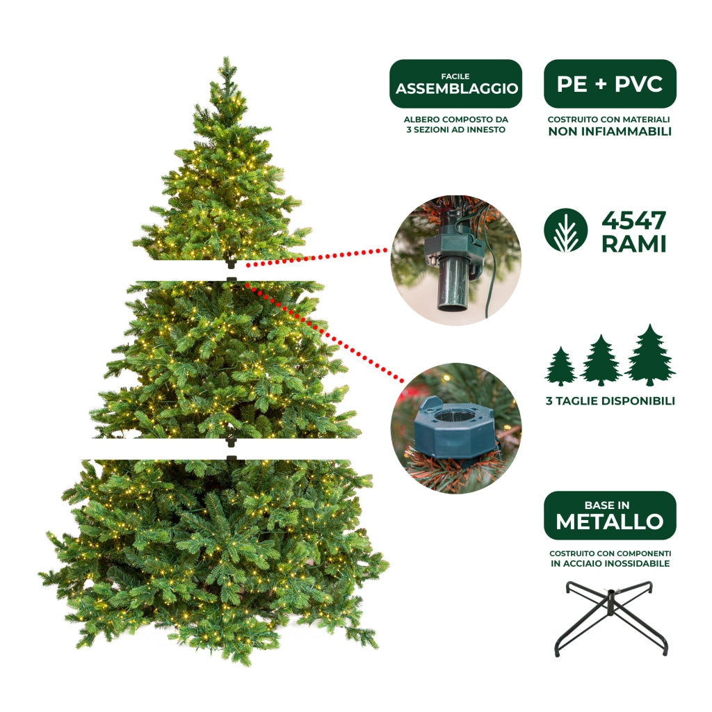 Albero di Natale Artificiale Verde Le Stelle Courmayeur H 240cm x L 150cm Super Folto con 4000 Luci Led Incorporate 4547 Rami