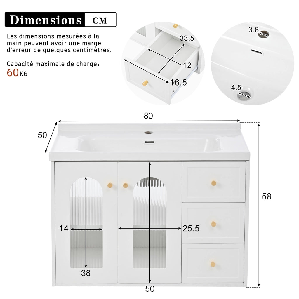 Mobile sottolavabo a parete con 2 cassetti; armadio con porta in vetro ondulato; lavabo in ceramica e ripiani regolabili; bagno