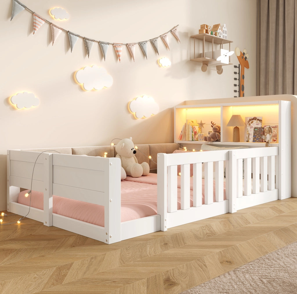 Lettino per bambini con sponde di sicurezza e testiera con contenitore; 90x200 cm; bianco