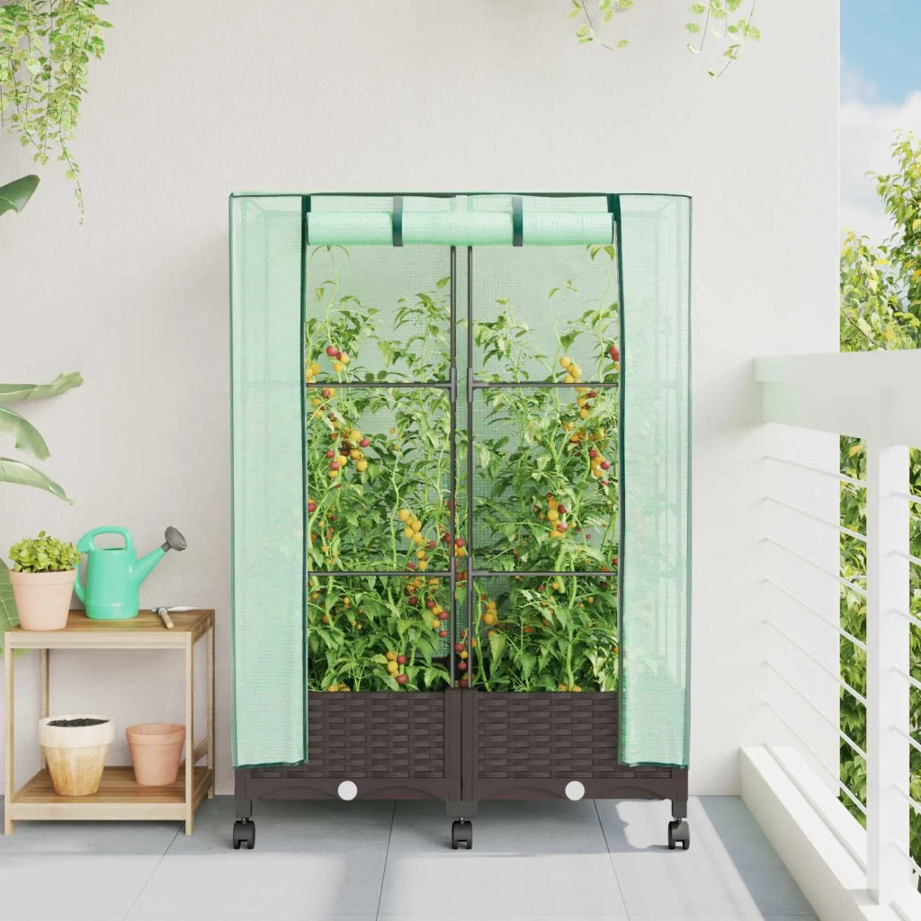 Vaso da Giardino con Copertura per Serra e Ruote 2 pz Marrone 3422974