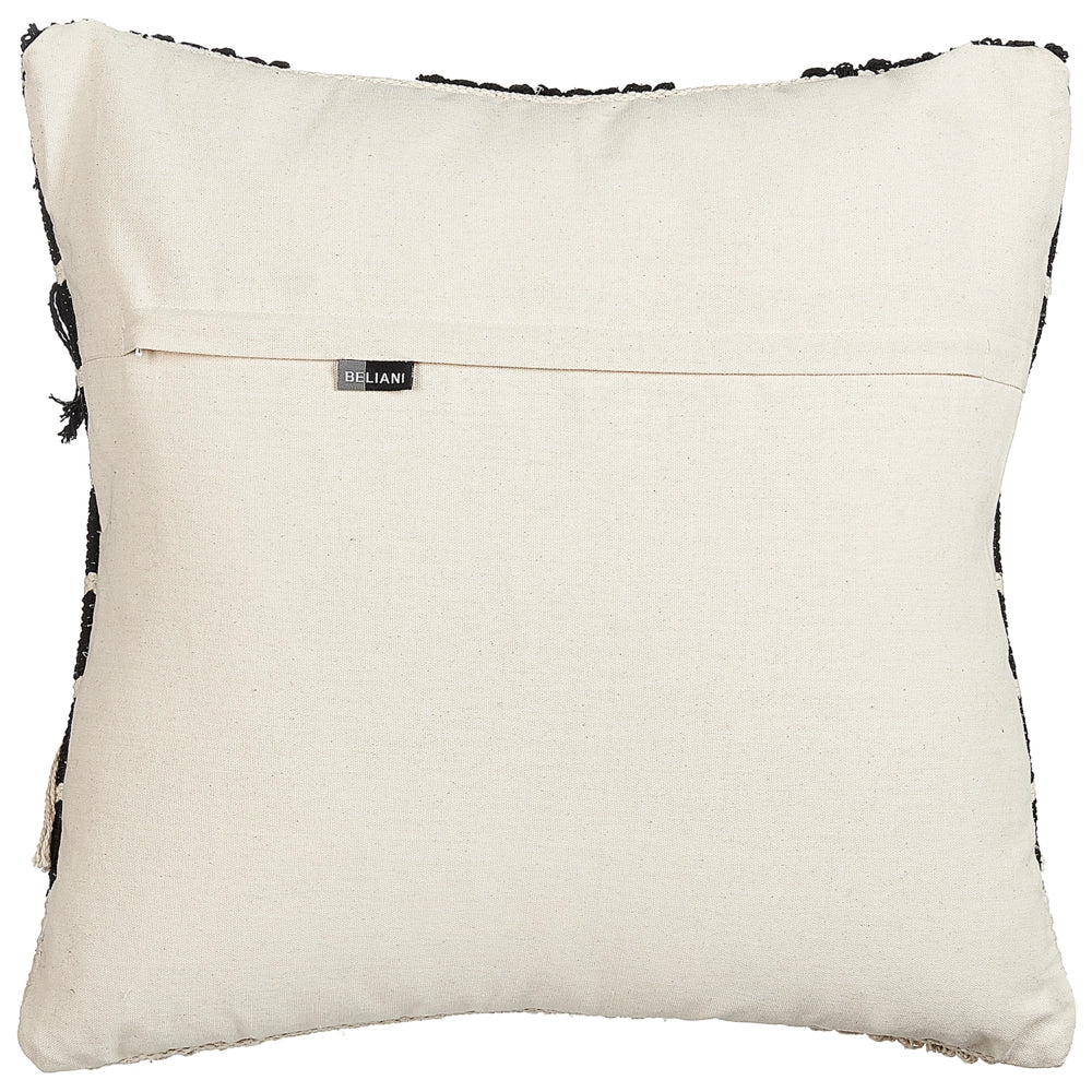 Cuscino decorativo cotone beige e nero 50 x 50 cm motivo geometrico nappe Fatto a Mano Sfoderabile con Imbottitura