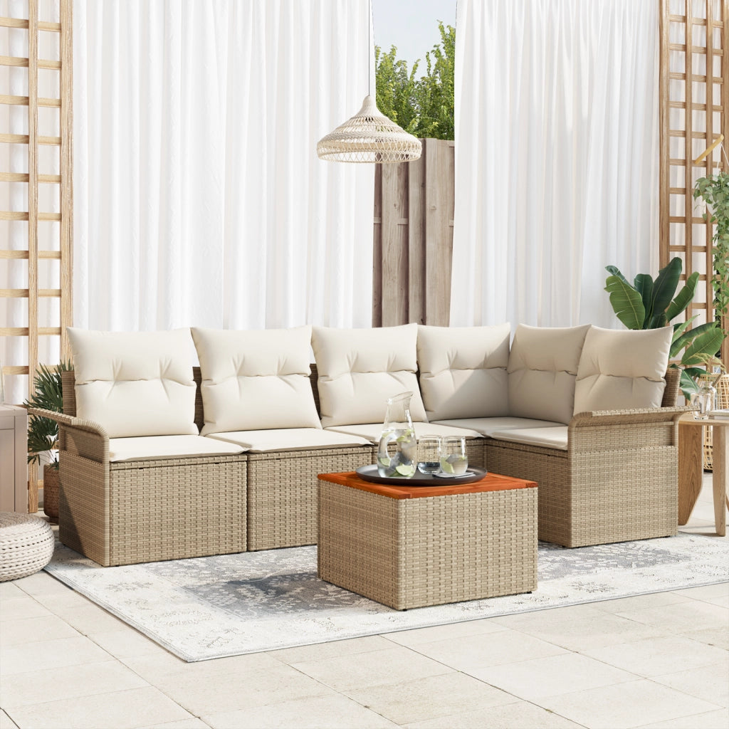 Set Divano da Giardino 6 Pezzi con Cuscini Beige Polyrattan Acacia
