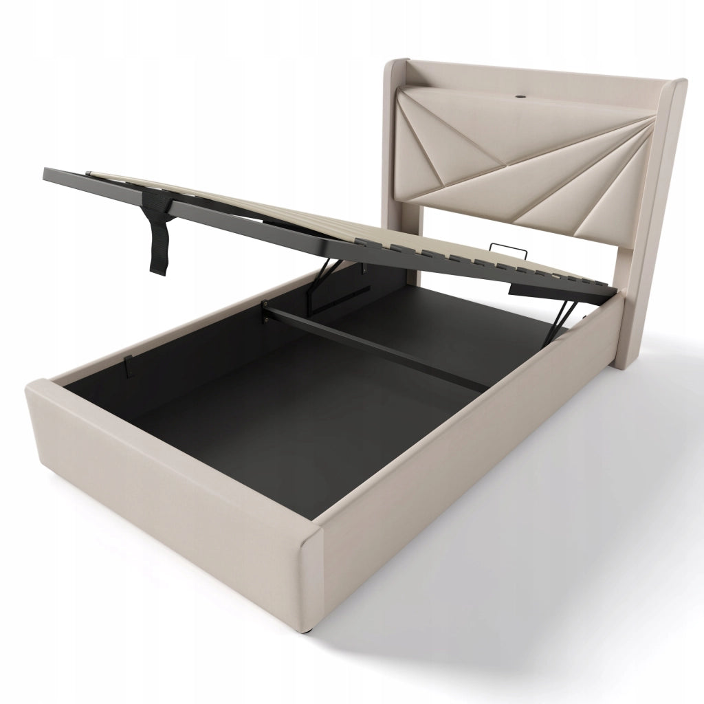 Letto singolo con materasso - Xylo - 90x200 - Lino - Schienale imbottito, USB-C