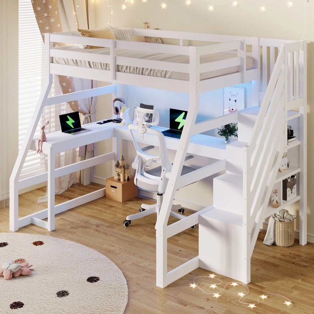 Letto a Soppalco in Legno con Scrivania, LED e Scala con Contenitore ¨C MINIMAL ¨C Bianco 90x200